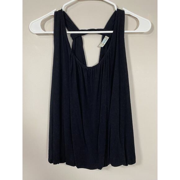 Free People Tank Top  Women's XSMALL Black Relaxed Bubble Hem Open V Back Cutout - Picture 1 of 6